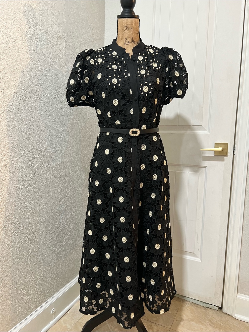 NWOT MOTF Black Midi Dress with White Crochet Floral Accents